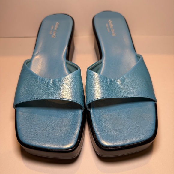 CHARLES DAVID Leather Platform Wedge Heel Sandals Size 8 Light Blue Slides y2k - Picture 3 of 12